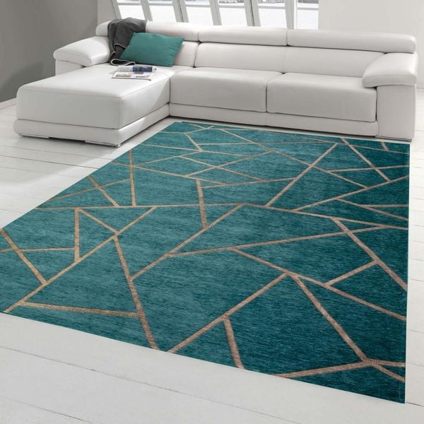 Tappeto Da Salotto Con Motivo Geometrico In Oro Petrolio Dimensioni - 80 X 250 Cm-image