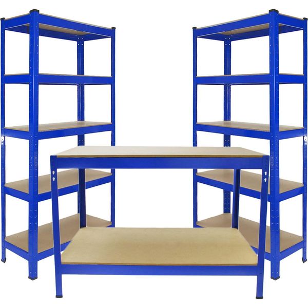 2 Scaffali Da 90 Cm Con Portata Di 280 Kg E 1 Banco Da Lavoro Da 120 Cm In Acciaio Blu Mdf-image