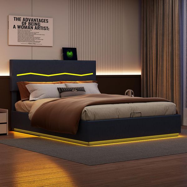 Letto Imbottito 160X200 Con Usb E Tipo C, Letto A Molle Con Rete A Doghe, Letto Per Ragazzi Con Led, Letto Contenitore Idraulico Letto Matrimoniale, Pu, Grigio-image