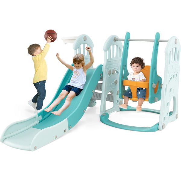 Altalena Per Bambini Costway Con Scivolo Regolabile In Altezza, Altalena E Scivolo 4 In 1, Canestro Da Basket E Scala, Inclusa Palla, Altalena Da Giardino Per Bambini Per Interni Ed Esterni, Per Bambini A Partire Dai 18 Mesi Di Età-image