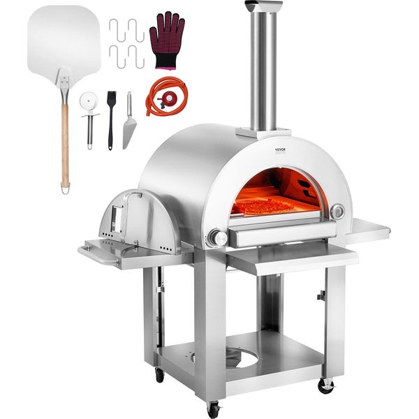 Vevor Forno Per Pizza Da Esterno A Doppio Combustibile, Forno Per Pizza Portatile Da 22 Pollici, Forno Per Pizza Da Esterno A Pellet E A Gas Con Pietra Per Pizza In Cordierite Addensata, Facile Da Spostare Con Rotelle-image
