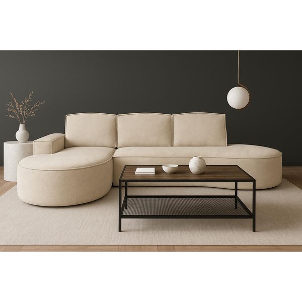 Divano Angolare Molly Di Gutto Con Forma Arrotondata In Tessuto Teddy Grigio Chiaro Crema-Beige - Forma Arrotondata Moderna! Nuovo 2025 (Con Funzione Letto)-image