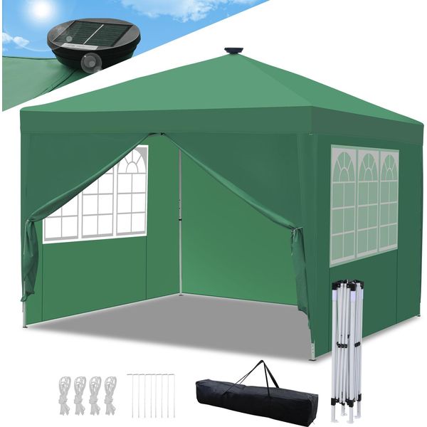 Tolletour Gazebo Pieghevole 3X3M Verde Con Luce Solare A Led Con Pareti Laterali Tenda Per Feste Protezione Uv Regolabile In Altezza Con Borsa Per Il Trasporto, Per Il Campeggio All'aperto In Giardino-image