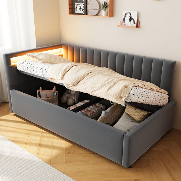 Flieks Letto Imbottito Idraulico Divano Letto 90X200Cm Con Led, Divano Con Funzione Letto, Letto Da Giorno Letto Singolo Letto In Legno Velluto, Grigio Scuro-image