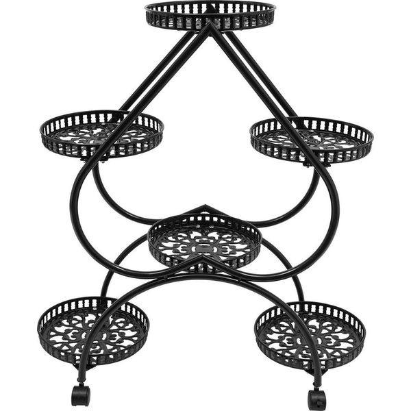 Portavasi - Scaffale Per Fiori A 4 Ripiani - Per 6 Vasi - A Forma Di Cuore - Metallo - Interno/Esterno - Nero-image