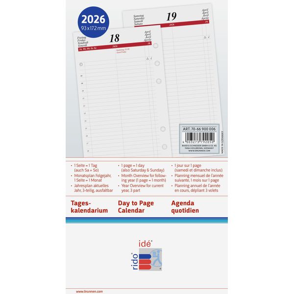 Rido® Idé® 70-66 900 006 Calendario 2026 - Timing 2, Inserto Agenda Giornaliera - 1 Giorno / 1 Pagina, 9,3 X 17,2 Cm-image