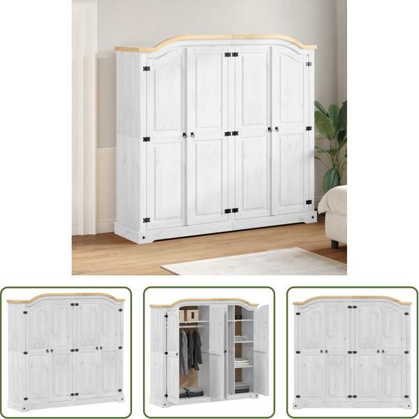 The Living Store Armadio Bianco 194X52X186 Cm In Legno Di Pino Massiccio-image