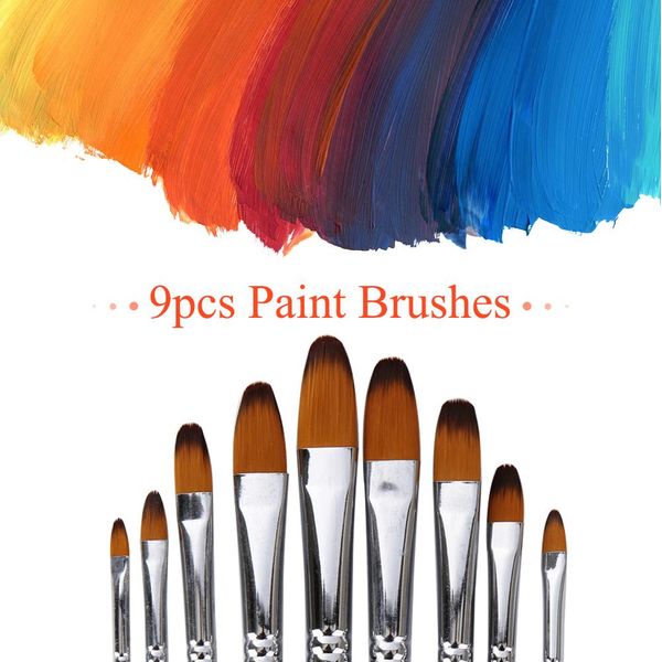 9 Pezzi Pennelli Professionali Per Artisti Set Di Pennelli Neri Con Manico Lungo In Legno E Capelli Di Nylon Per Acrilico, Olio, Acquerello, Guazzo E Disegno, Punta Filettata-image