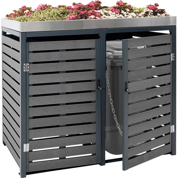 2 Contenitori Per Rifiuti HWC-K14, Contenitore Per Rifiuti Con Fioriera, 124X134X84Cm Wpc Acciaio Inox 79Kg ~ Antracite-image