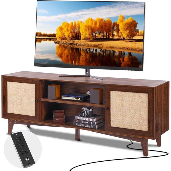 Porta Tv In Rattan 191 Cm - Mobili Tv Boho - Mobile Tv In Noce - Supporto Tv Per Tv-image