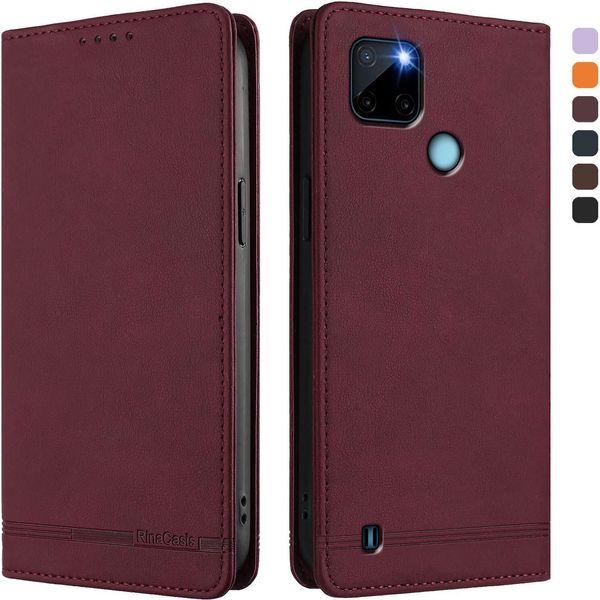 Custodia Per Realme C21Y, Custodia Retro In Finto Cuoio Con Supporto E Slot Per Carte Di Credito Rosso-image