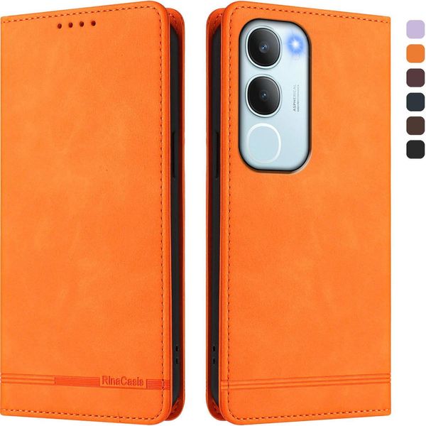 Custodia Per Vivo Y19S, Custodia Retro In Finto Cuoio Flip Con Supporto E Slot Per Carte Orange-image