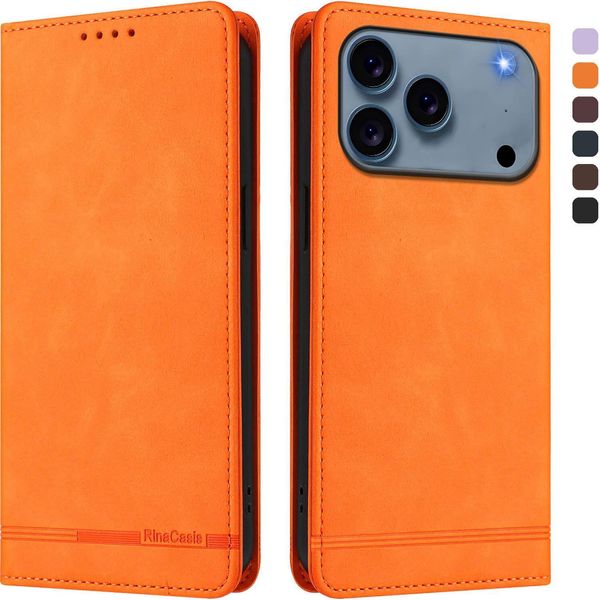 Custodia Per Iphone 17 Pro Max, Custodia Retro In Finto Cuoio Con Supporto E Slot Per Carte Di Credito Arancione-image