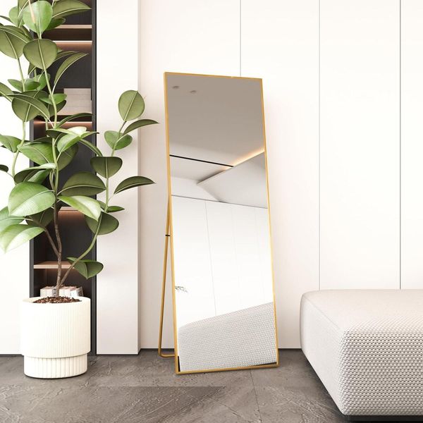 Specchio A Figura Intera 150 X 40 Cm, A Libera Installazione, Appeso O Appoggiato, Grande Specchio Da Pavimento Con Cornice In Lega Di Alluminio Dorata Per Soggiorno O Camera Da Letto, Rettangolare-image