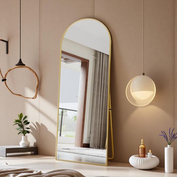 Specchio A Figura Intera 165X60 Cm, Rettangolare, Da Appoggio O Da Parete, Cornice In Alluminio, Ideale Per Bagni, Camere Da Letto, Ingressi E Corridoi, Dorato-image