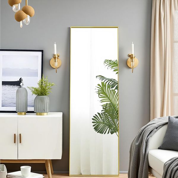 Specchio A Figura Intera 150X40 Cm, Rettangolare, Da Appoggio O Da Parete, Cornice In Alluminio, Ideale Per Bagni, Camere Da Letto, Ingressi E Corridoi, Dorato-image