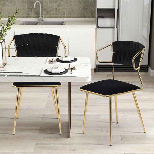 Set Di 2 Sedie Da Pranzo In Velluto Con Schienale Intrecciato E Gambe In Metallo Dorato, Sedie Da Salotto, Per Sala Da Pranzo, Salotto, Cucina, Stanza Delle Vanità (Nero)-image