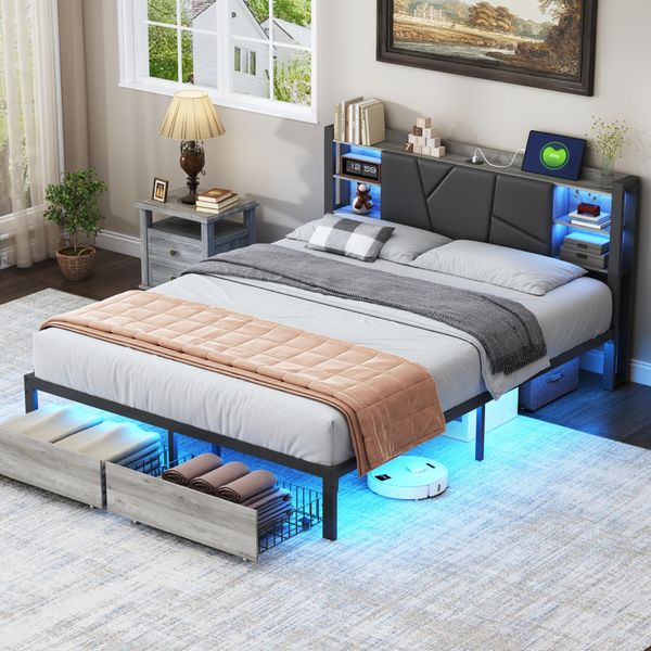 Letto 160X200 Cm Con Usb E 2 Cassetti, Testata Imbottita In Pu, Struttura In Metallo E Legno, Letto Matrimoniale Con Illuminazione A Led, Senza Materasso-image