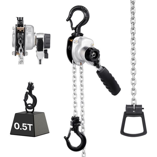 Vevor Mini Paranco A Leva, Portata 1/2T, Paranco A Catena Manuale, Corsa 1,5 M, Catena In Lega D'acciaio G80 Con Freno Meccanico A Doppio Nottolino, Ganci Rotanti A 360°, Per Magazzino, Edilizia, Officina-image