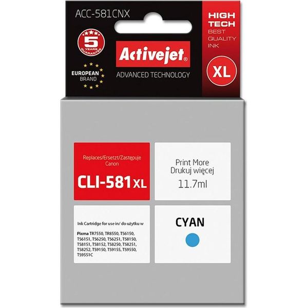 Activejet ACC-581CNX Ink Cartridge (Replacement For Canon CLI-581XLC; Supreme; 11,70 Ml; Cyan)-image