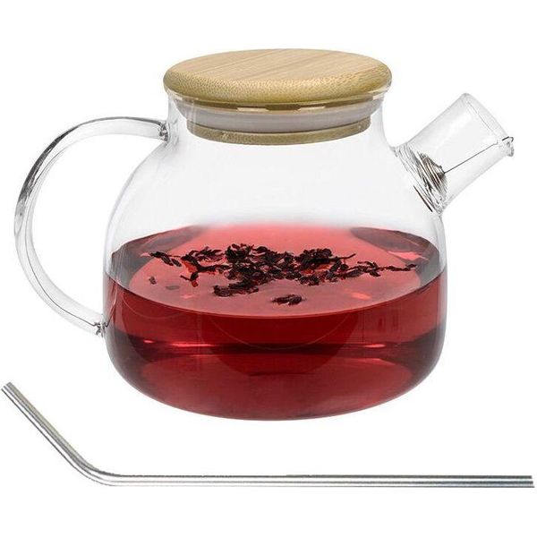 Teiera In Vetro E Bambù Da 1 Litro + 4 Cannucce In Acciaio Inox-image