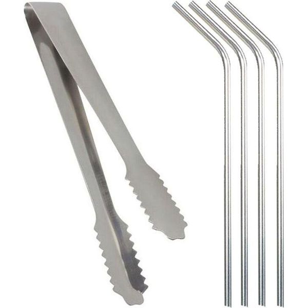 Pinze Per Cubetti Di Ghiaccio + 4 Cannucce In Acciaio Inox-image