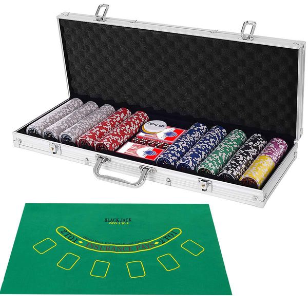 Set Da Poker Costway 500 Fiches Laser, Set Da Poker Completo Con Fiches, 2 Carte Da Gioco, 5 Dadi, 3 Fiches Da Banco E Tovaglia, Valigetta Da Poker In Alluminio Con 2 Chiavi (Argento)-image