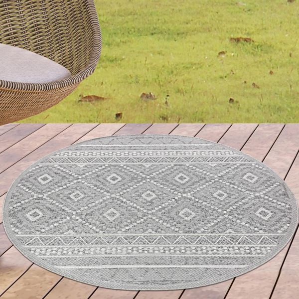 Tappeto In Sisal Per Interni Ed Esterni, Terrazza, Balcone, Soggiorno, Cucina, Disegno A Diamante A Zig-Zag In Grigio, Dimensioni - 160 Cm Rotondo-image