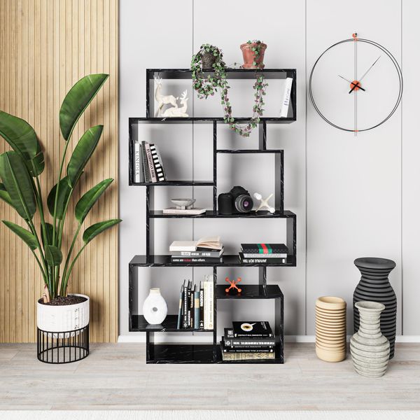 Decortie Karmato Libreria Moderna Espositore Effetto Marmo Nero 96 X 26 X 169 Cm-image