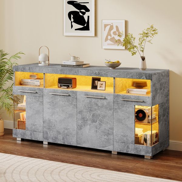 Merax Credenza Lucida 140 Cm Con Led, Mobile Da Soggiorno Con Ante In Vetro, 3 Armadi E 6 Scomparti, Cassettiera Moderna Con Vetro Temperato, Grigio-image