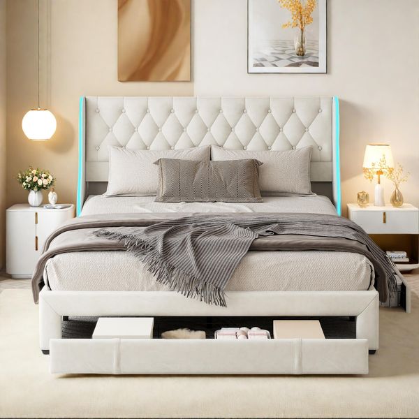 Letto Imbottito Fortuna Lai 160X200Cm, Letto Matrimoniale Con Rete A Doghe E 3 Cassetti, Illuminazione A Led, Letto Contenitore Con Rivestimento In Velluto, Struttura Letto In Legno Beige Per Camera Dei Ragazzi-image
