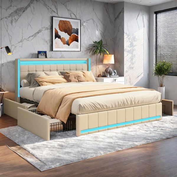 Letto Imbottito Fortuna Lai Letto Matrimoniale 140X200 Con Testata A Led E Porta Usb, Letto Contenitore Con 4 Cassetti, Rete Con Doghe E Giroletto, Lino, Beige-image