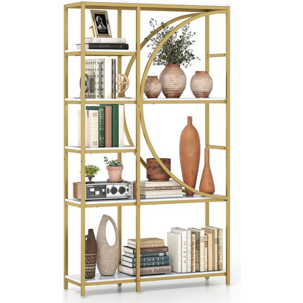 Libreria Costway, Scaffale Per Ufficio Con Ripiani In Legno E Struttura In Metallo, Scaffale Industriale In Piedi, Scaffale Per Soggiorno E Studio, Oro E Bianco-image