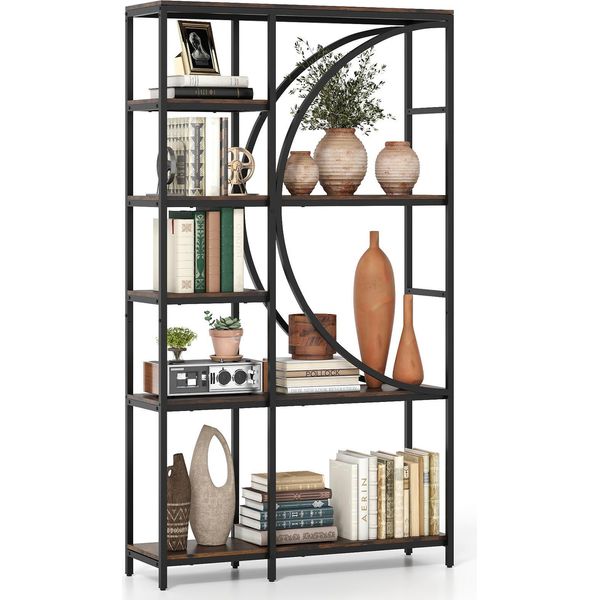 Libreria Costway, Scaffale Per Ufficio Con Ripiani In Legno E Struttura In Metallo, Scaffale Industriale In Piedi, Scaffale Per Soggiorno E Studio, Marrone-image