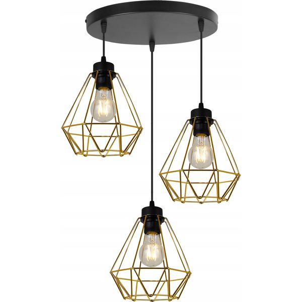 Light-Home Lampada A Sospensione Corral - Lampada Da Soffitto Industriale - Lampada A Sospensione In Metallo - Ov A 3 Fiamme, Nero E Oro-image