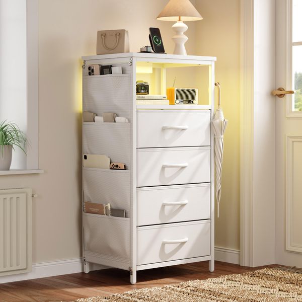 Comodino, Con Luci Led E Stazione Di Ricarica, Tavolino Con 4 Cassetti E Ripiani, Con Porte E Prese Usb, 4 Tasche Laterali, 2 Ganci A L Per Camera Da Letto, Soggiorno, Bianco-image