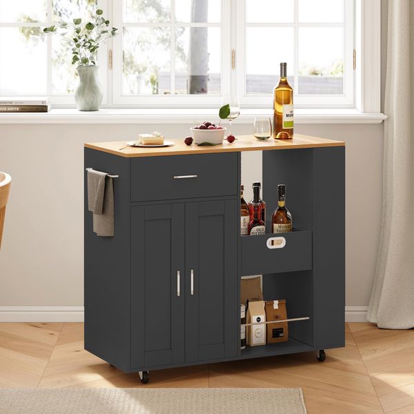 Carrello Da Cucina Su Ruote Fortuna Lai, Carrello Di Servizio Con Piano Di Lavoro, Portasciugamani, 3 Portaspezie E Cassetto, Mobile Da Cucina A Isola In Legno Nero-image
