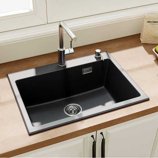 Horow 60X45 Cm Lavello In Granito Lavello Da Incasso 1 Vasca Incl. Sifone, Nero Lavello Con Foro Per Rubinetto Scarico Sifone E Set Troppopieno-image