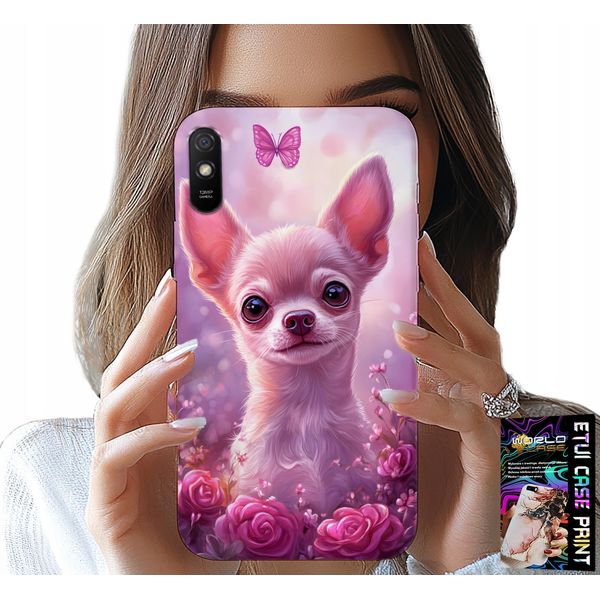 Custodia Per Xiaomi Redmi 9A - Chihuahua Carino Su Sfondo Rosa Con Fiori-image