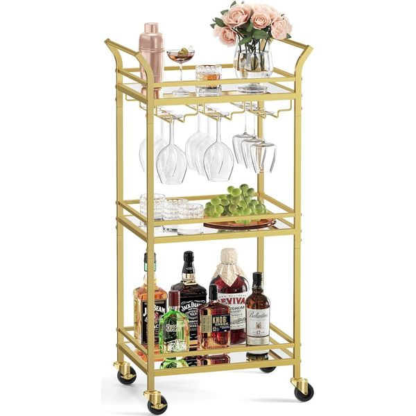 Carrello Di Servizio Vasagle, 3 Livelli, Carrello, Con Ruote, Maniglie, Ripiani In Vetro A Specchio, Per Piccoli Ambienti, Cucina, Sala Da Pranzo, Bar, Color Oro-image