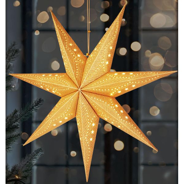 Brubaker Stella Di Natale 3D Da Appendere - Stella Di Carta A Led Con Timer - Stella Dell'avvento Da 60 Cm A Batteria, Oro-image