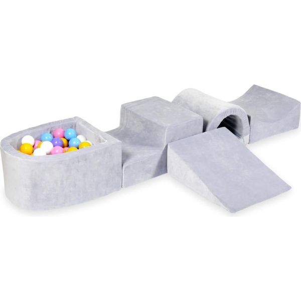 Parco Giochi In Schiuma Con Ponte E Piscina Micro Velvet Soft Grigio Chiaro + 100 Palline: Azzurro, Giallo, Erica, Rosa Cipria, Bianco-image