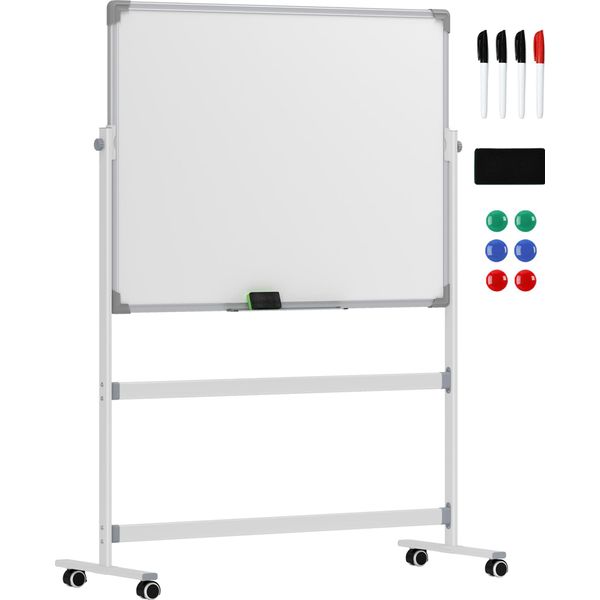 Lavagna Magnetica Fortuna Lai 120 X 90 Cm Lavagna Magnetica Bifacciale Con Supporto, Rotelle, 6 Pennarelli E 1 Spugna Cancellabile, Lavagna Magnetica Girevole A 360° E Regolabile Su 3 Livelli Per L'ufficio E La Casa-image