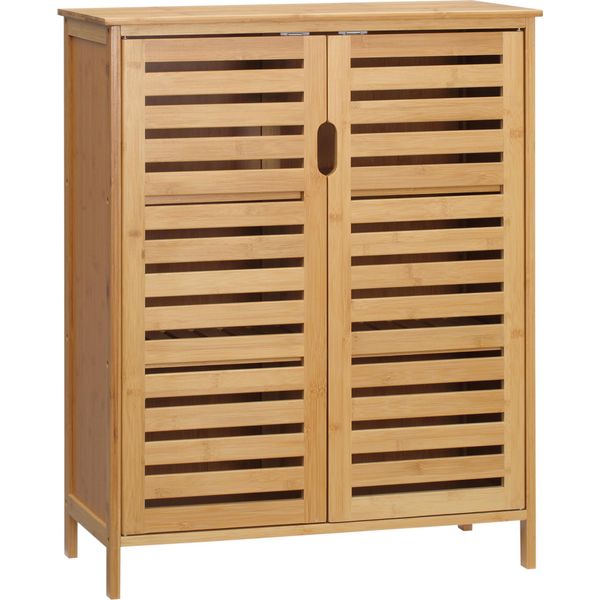Fortuna Lai Armadio Da Bagno Armadio Da Bagno Armadio Ausiliario Con 2 Ante A Lamelle, 2 Ripiani Interni, Armadio Portaoggetti In Bambù Per Bagno, Soggiorno 68 X 32 X 86 Cm Naturale-image