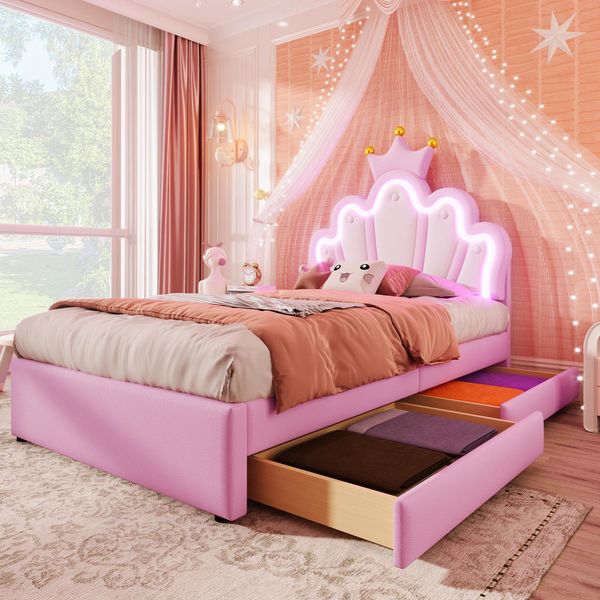 Letto Imbottito Flieks 90X200Cm Con 2 Cassetti, Letto Per Bambini Letto Per Ragazzi Con Testata Regolabile A Forma Di Corona, Letto Singolo Letto In Legno Con Led, Pu, Rosa-image