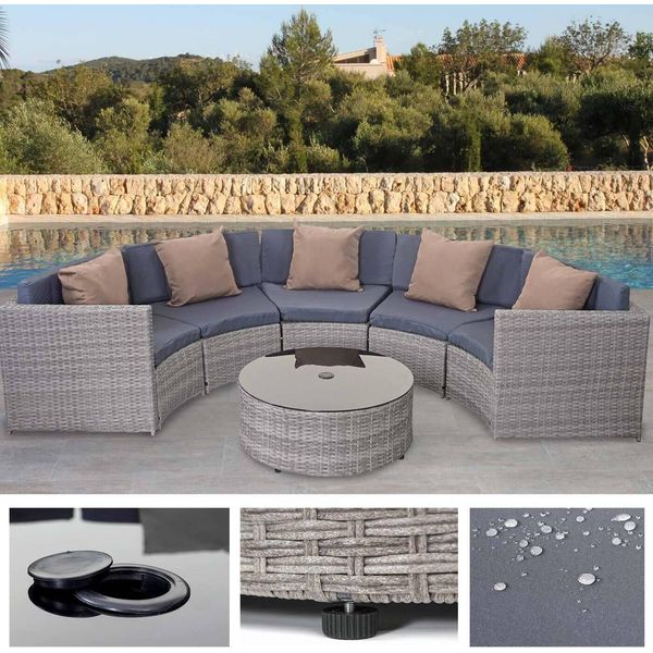 Set In Poly-Rattan Rotondo HWC-E17, Set Di Sedute Da Giardino ~ Grigio, Rivestimento Grigio Scuro, Cuscini Beige-image