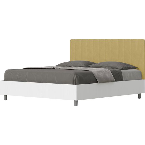 Ityhome - Letto Senza Rete 160X190 Struttura Bianco Frassino Testata Microfibra Ocra Kaia-image