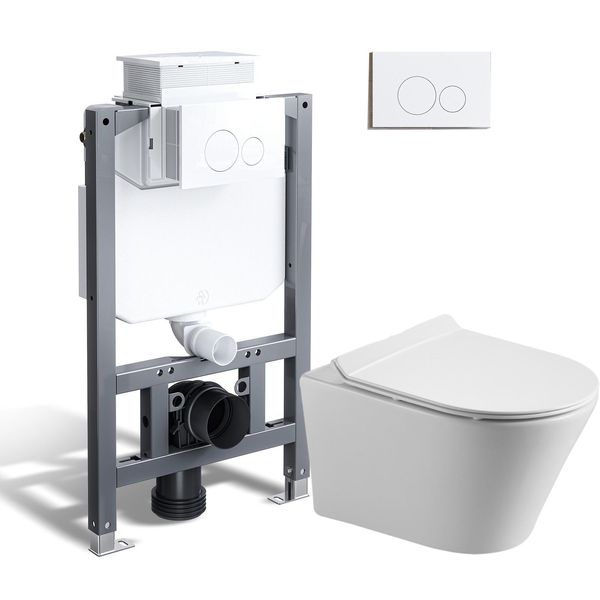 Horow Set Completo Per Wc Senza Brida, Cassetta Da Incasso Da 82 Cm + Wc Sospeso + Piastra Di Spinta Rotonda Bianca-image