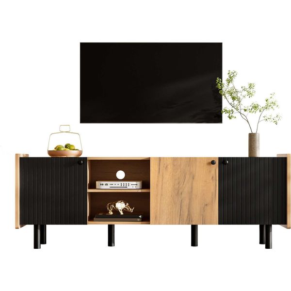 Aiorber 160 Cm Mobile Tv Nero E Color Legno - Stile Moderno Con Tre Ante E Due Vani A Giorno-image