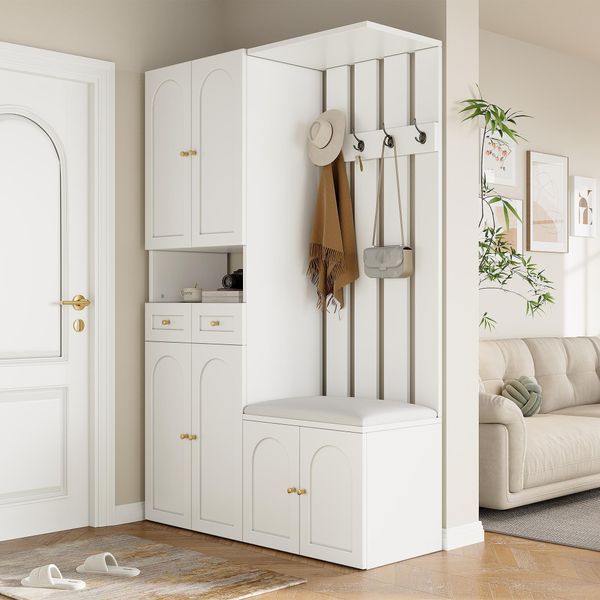 Set Di Armadi Merax, Con Scarpiera, Panca Per Scarpe, Armadio A Muro, Guardaroba, 4 Ganci, 6 Ante, 2 Cassetti, Mobili Da Corridoio, Appendiabiti, Bianco-image